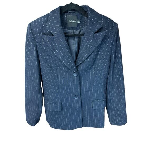 NASTY GAL Collection Pinstripe Oversized Wool Blend Navy Blazer sz 4 US - Picture 5 of 13